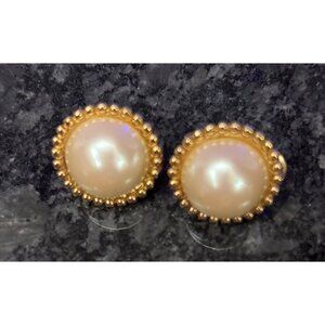 Vintage Monet Gold-Tone Clip-On Earrings With Faux Pearl Center & Beaded Trim